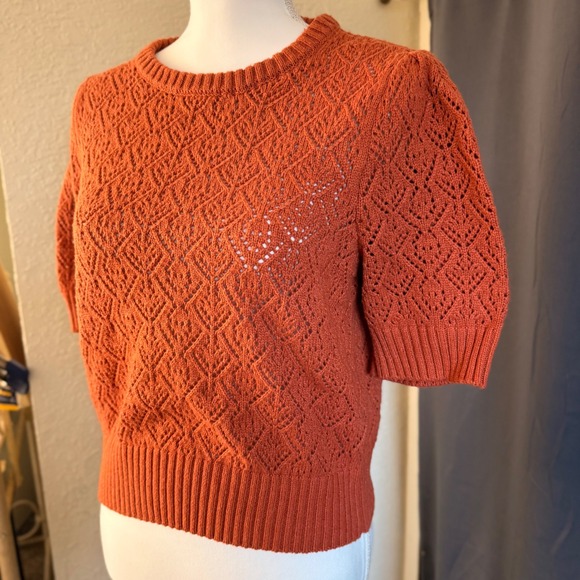 Marled Rust Orange Pointelle Knit Puff Short Sleeve Sweater Top Womens Large - Picture 6 of 8